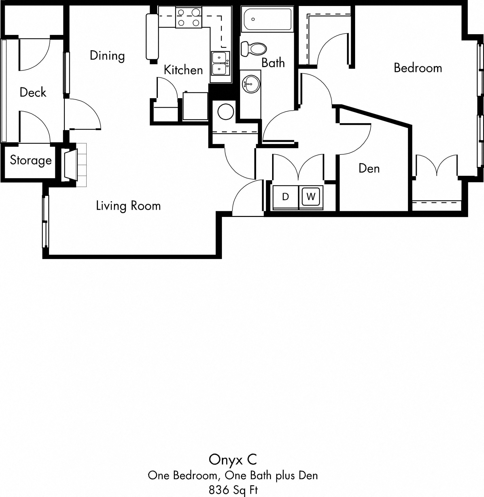 Floor plan for 1 bed, 1 bath, 836 sqft